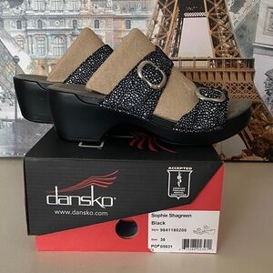 Dansko Sophie Shagreen Black Slide Sandals Women's EU 38 US 7.5-8 NEW In Box